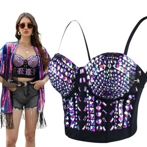 Glamorous Black and Purple Rhinestone Women's Crop Top